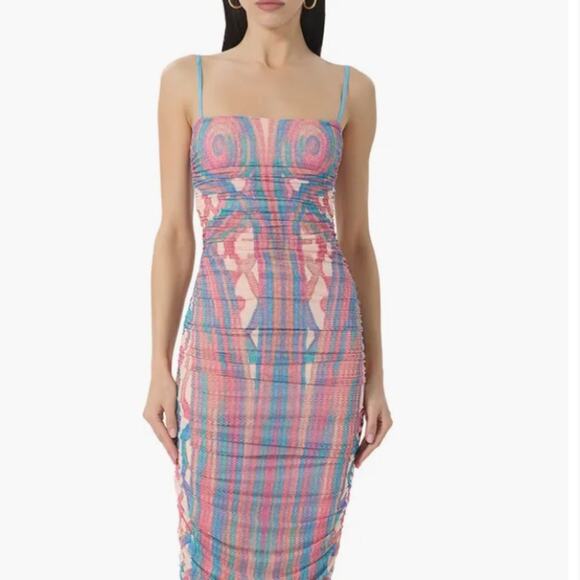 AFRM Hazel Printed Ruched Mesh Midi Dress Size Large NWT - Picture 7 of 7